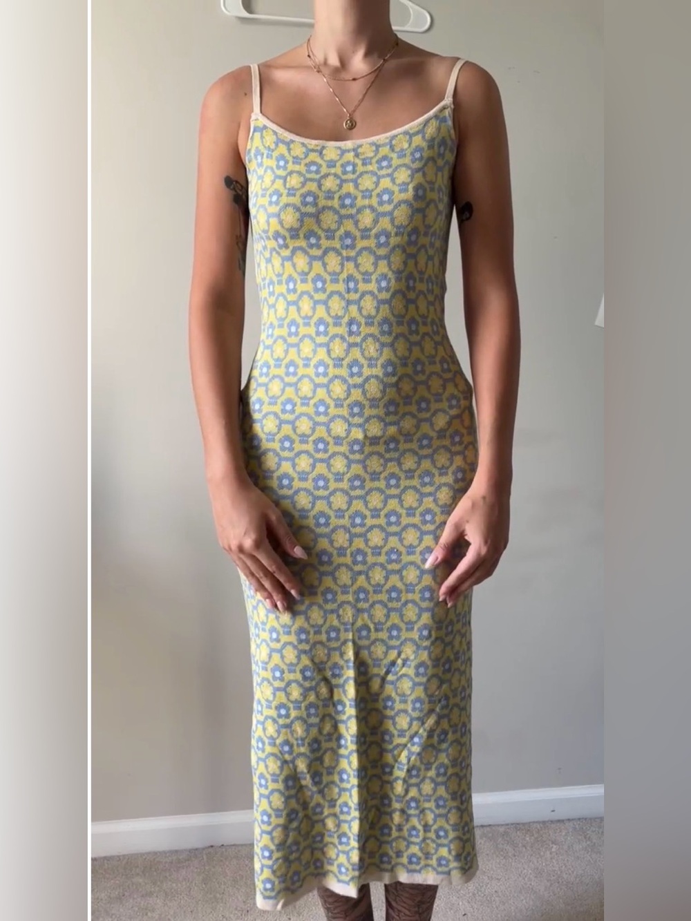 Yellow and Blue Patterned Knit BodyCon Dress